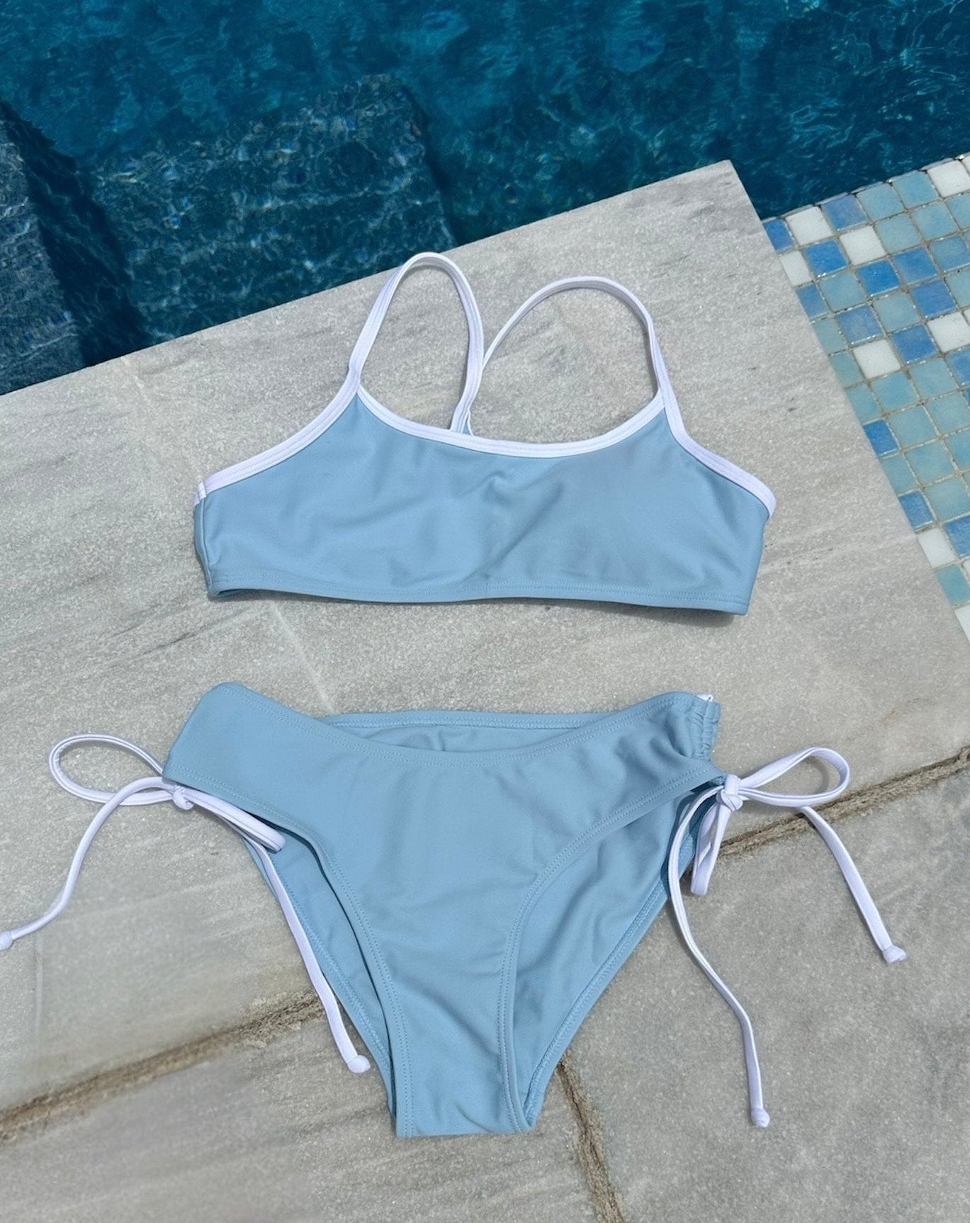 Tween and teen Dolphin Blue sport bikini set featuring a sporty two-piece design.